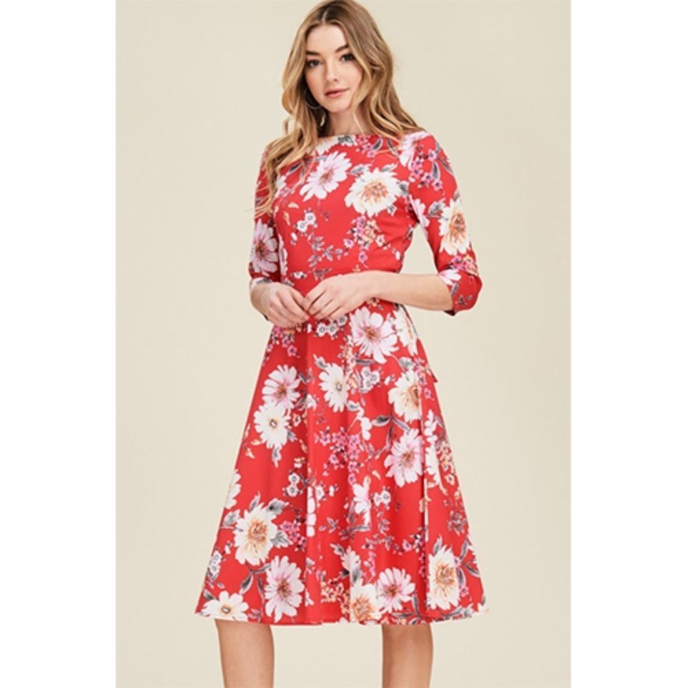 Red Floral 3/4 Sleeve Ribbon Dress.  NWT